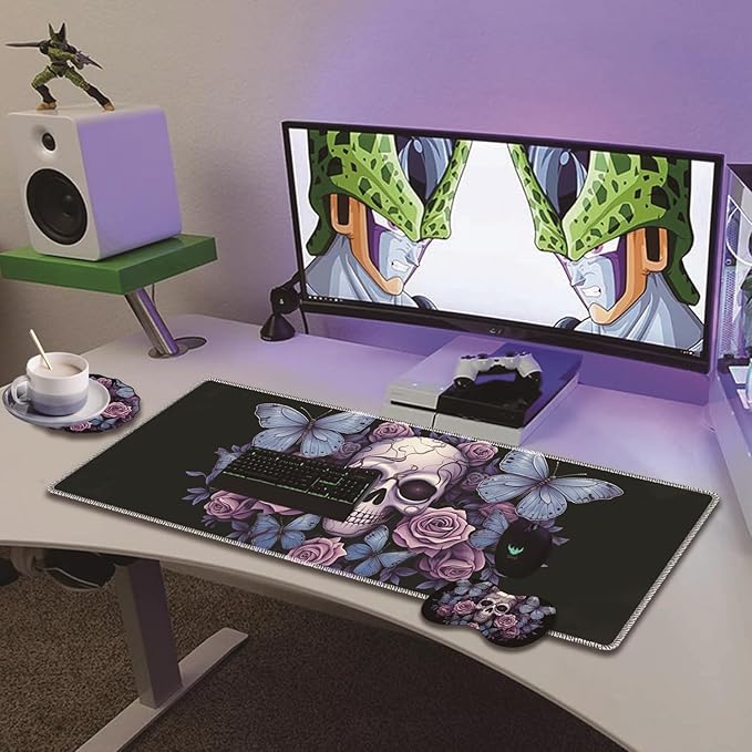 Extended Non-Slip Mouse Pad + Mouse Wrist Rest + Lace-Shaped Coaster Set Ergonomic Design Suitable for Desk and Home Gaming Table Mat Skull Butterfly Roses