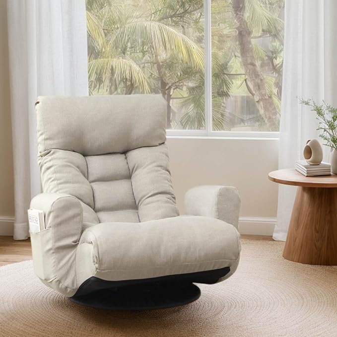 360° Swivel Gaming Floor Chair Linen Folding Lounge Chair 14 Position Adjustable Folding Sofa Chair with Armrests Cushion Padded Indoor Chaise Lounge Rocker for Teens &amp Adults (Linen Gray)