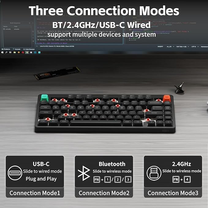 nuphy Node75 Wireless Mechanical Keyboard 75% Hot Swappable Custom Keyboard 82 Keys Computer Gaming Keyboards Supports Touch Gestures PBT Keycaps RGB Backlit Bluetooth/2.4GHz/USB-C