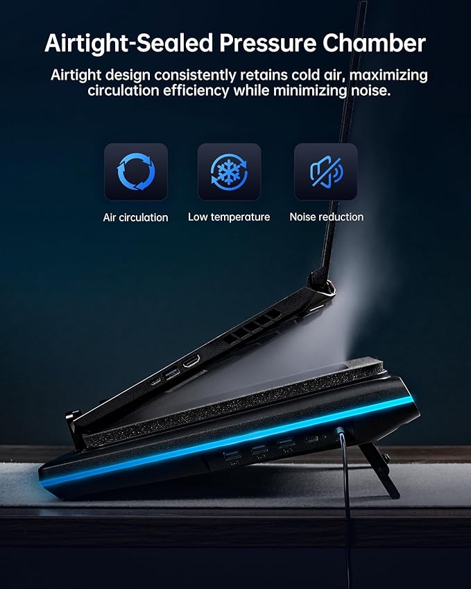 llano V12 Ultra Laptop Cooling Pad with Smart Software Control RGB Gaming Laptop Fan Cooler Stand 5.5 Turbo Fan Adjustable Speed 3-Port USB 3.0 Hub 3 Height Stands for 15.6-19 Laptops Black