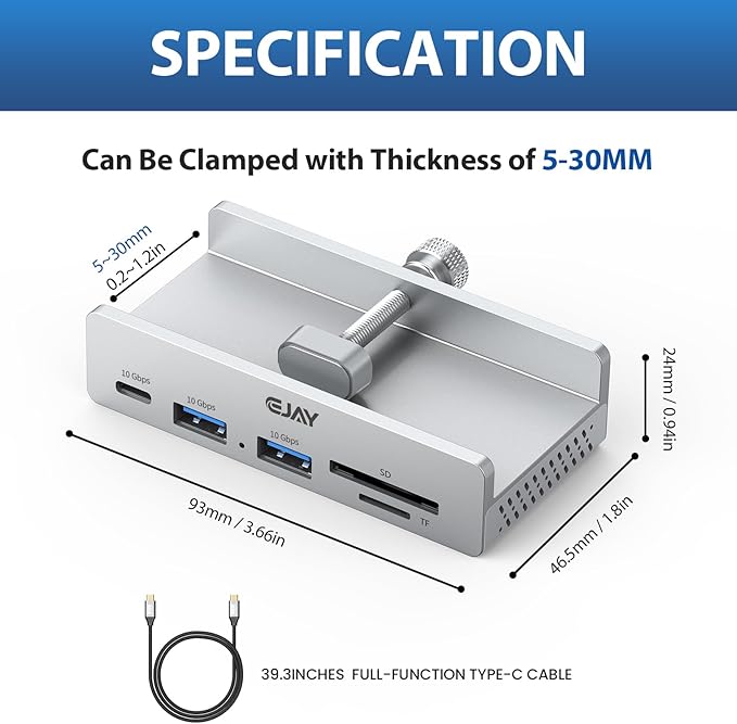 Ejay 7-in-1 USB C Hub with Clamp Mount 4K@60Hz HDMI for MacBook Pro 100W PD Charging 10Gbps USB 3.2 Hub for SD/TF Card Reader Aluminum Hub for XPS iPad Pro Windows Silver