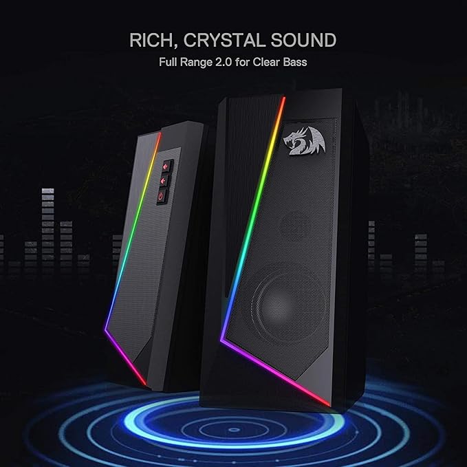 Redragon GS520 RGB Desktop Speakers 2.0 Channel PC Computer Stereo Speaker with 6 Colorful LED Modes Enhanced Sound and Easy-Access Volume Control USB Powered w/ 3.5mm Cable