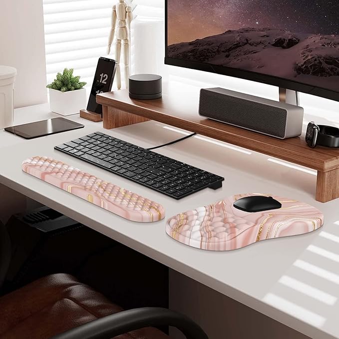 HAOCOO Keyboard Wrist Rest Ergonomic Mouse Pad with Wrist Rest 3 in 1 Keyboard and Mouse pad with Coaster Set Memory Foam Wrist Support Non-Slip PU Base for Home Office Rose Gold Pink