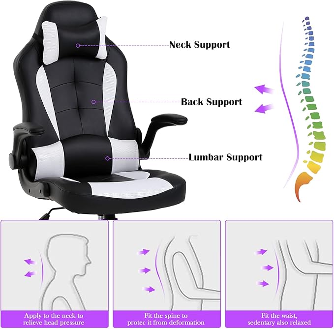 White Gaming Desk Chair PC Gaming Chair Gamer Chair Comftorable Ergonomic PU Leather Computer Office Chair with Lumbar Support Flip Up Arms High Back Executive Gaming Stuff for Girl Kids Adults