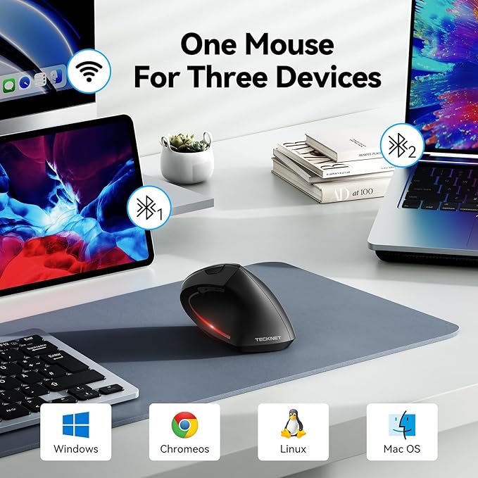 TECKNET Ergonomic Mouse Wireless Bluetooth Vertical Mouse 4800 DPI Optical Tracking 6 Adjustable DPI Quiet Clicks 2.4GHz with USB A Receiver 12 Months Battery 6 Buttons Wide Compatibility