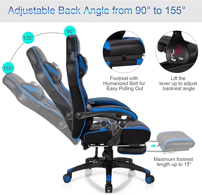GYMAX Gaming Chair Ergonomic Computer Chair with Footrest Linkage Armrests &amp Lumbar Cushion Big Wide High Back Video Gaming Chair Reclining Office Rolling Chair for Adult/Teens (Blue)