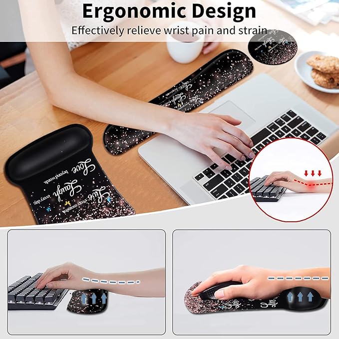 Office Mousepad with Gel Wrist Support - Ergonomic Gaming Desktop Mouse Pad and Memory Foam Keyboard Wrist Rest Set for Office Typing Games Desktop Decoration Rose Gold Glitter and Black Mouse Pad
