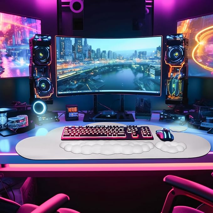 JIKIOU Large Cloud Mouse Pad Waterproof with Cloud Keyboard Wrist Pad and Cloud Mouse Wrist Pad Set Ergonomic Computer Desk Wrist Support Mousepad for Keyboard and Mouse White