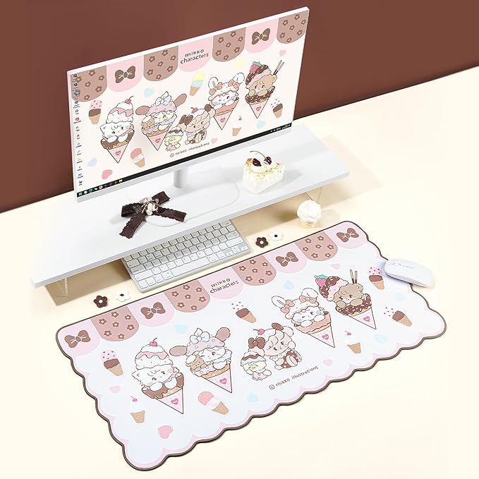 GeekShare Mouse Pad with Stitched Edge Non-Slip Rubber Base Large Gaming Mouse Pad Cute Cartoon Waved Edge Desk Mat for Gaming Home Office Work - Mikko Ice Cream