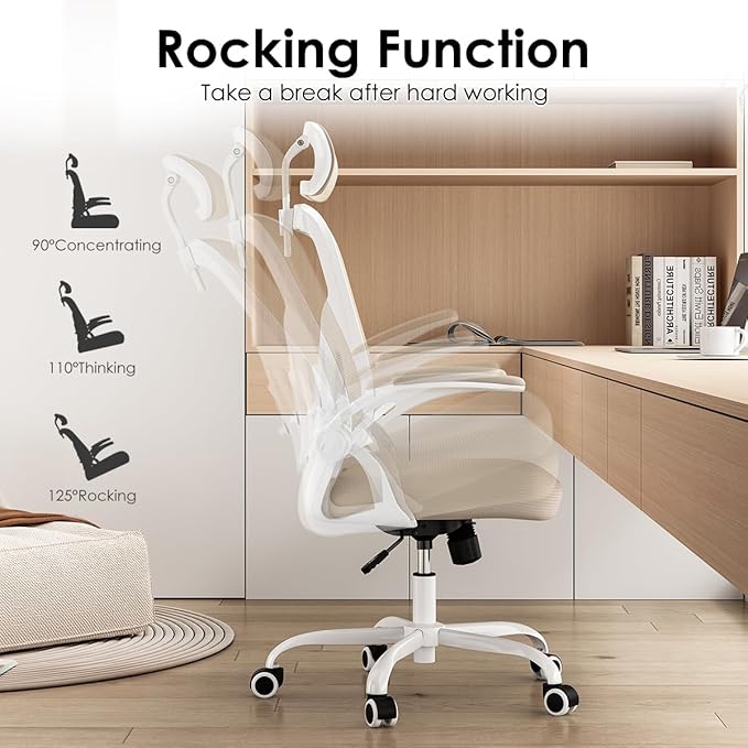 Ergonomic Mesh Office Chair with Flip-Up Armrests &amp Lumbar Support - Adjustable Swivel Desk Chair for Home Office and Gaming 350 lbs Capacity (Khaki Model E)