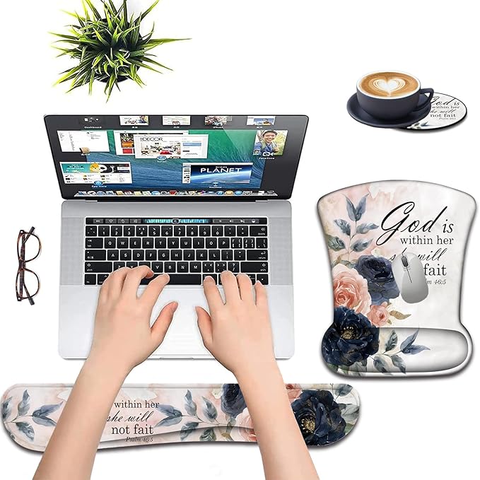 Keyboard Wrist Support + Wrist Mousepad + Coaster Combination Non-Slip PU Base with Gel Memory Mousepad Suitable for Gaming Office Pain Relief Mousepad Set - Psalm 46:5 Floral