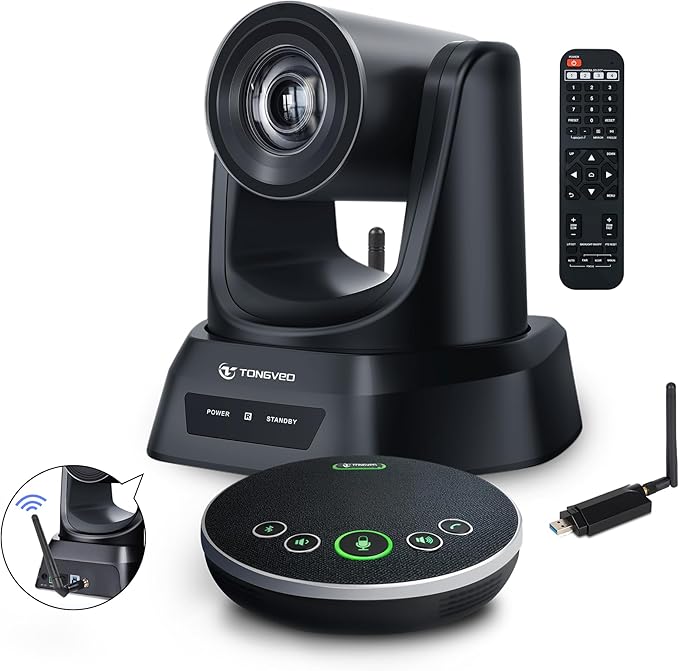 TONGVEO 5.8GHz Wireless Conference Room Camera System with Bluetooth Microphone20X 60fps PTZ Camera for Worship Online Conference Works with Zoom Skype OBS Easy to Set Up