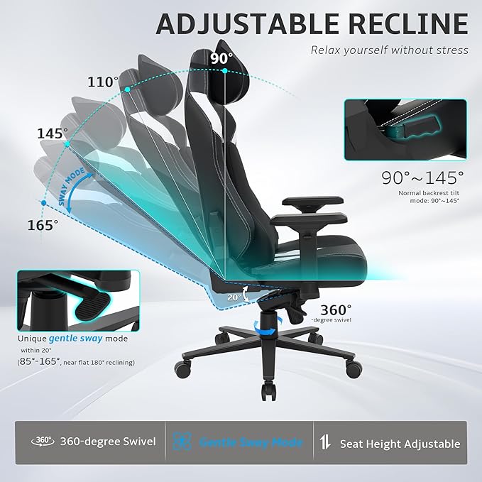 Ergonomic Gaming Chair Wyrdforging Computer Desk Chairs 4D Armrests High Back Office Chair With Headrest &amp Lumbar Pillow Tilt Rocker Recliner Heavy-Duty Base Black PU Leather &amp White Sue