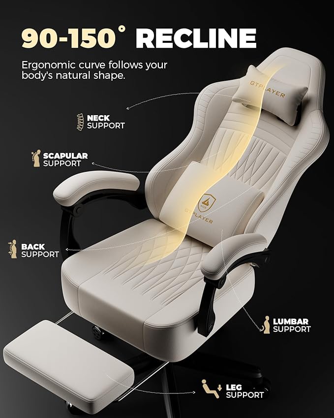 GTPLAYER Gaming Chair for Adults Ergonomic Video Game Chairs Footrest &amp Linkage Armrest Reclining High Back Silla Gamer with Wider Seat for Home Office Ace Pro Cream