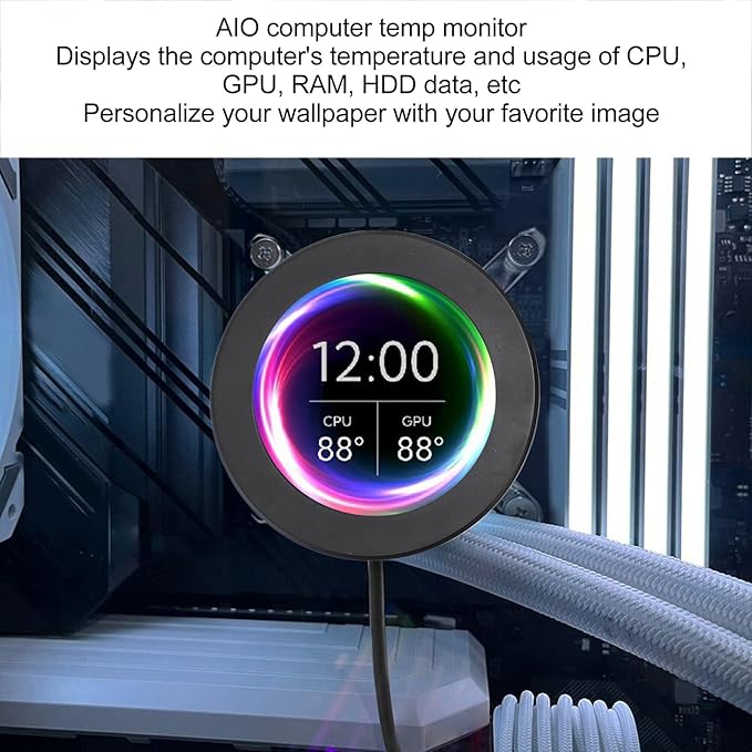 2.1inch AIO Computer Temp Monitor CPU Cooler LCD Display Screen Upgrade Kit PC Sensor Panel CPU Temp Monitor for Water Cooling Systems for aida64 (Black)
