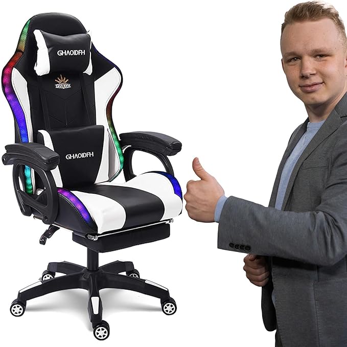 Video Gaming Chair with FootrestGame Chair with Bluetooth SpeakersComputer Chair with LED LightsErgonomic Massage Gaming Chair with Massage Function360°Swivel 90°-135° Adjustment Backrest (White)