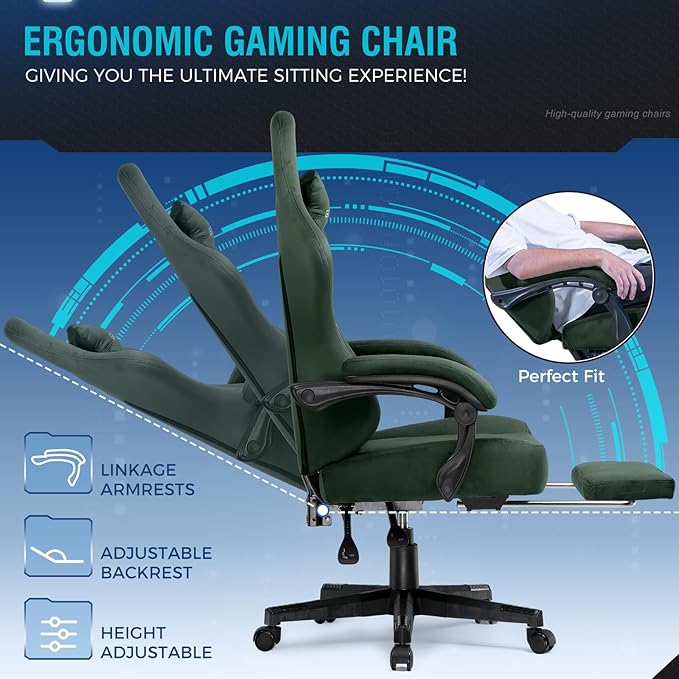 GTPLAYER Gaming Chair Fabric with Pocket Spring Cushion Big and Tall Gamings Chairs 350LBS High Back Computer Chair with Footrest for Adults Lumbar Support Swivel Game Chair for Office Gaming Green