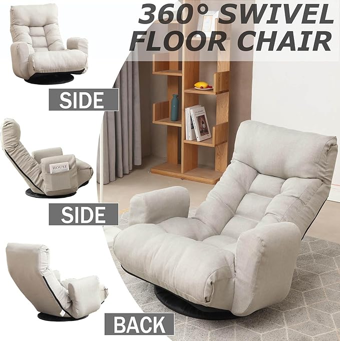 360° Swivel Gaming Floor Chair Linen Folding Lounge Chair 14 Position Adjustable Folding Sofa Chair with Armrests Cushion Padded Indoor Chaise Lounge Rocker for Teens &amp Adults (Linen Gray)