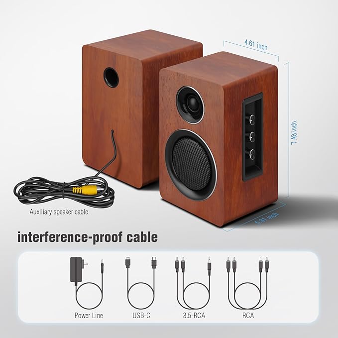 Computer Speakers for Desktop PC Active Bookshelf Speaker with 3‘’ Carbon Fiber Woofer and Silk Film Tweeter Supports Bluetooth 5.3 USB-C AUX/RCA Input for Record Player TV - Brown Stereo Set