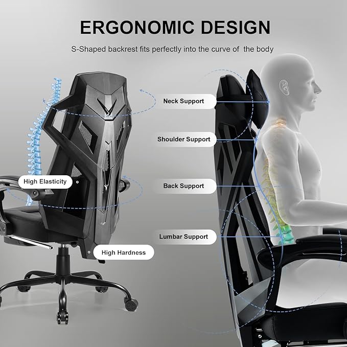 GTPLAYER Gaming Chair Computer Chair with Mesh Back Ergonomic Gaming Chair with Footrest Reclining Gamer Chair with Adjustable Headrest and Lumbar Support for Gaming and Office (Black)