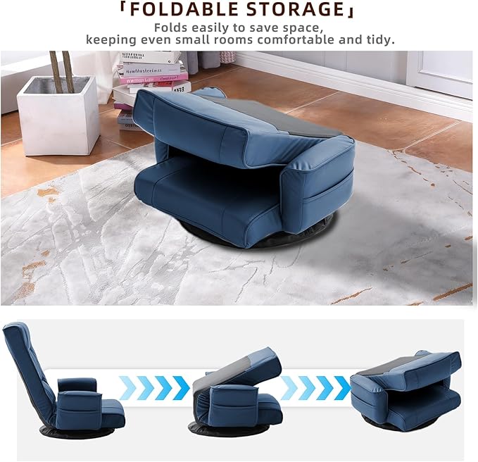 FLOGUOR 360° Swivel Gaming Floor Chair with Armrests – 14-Position Adjustable Folding Floor Sofa Lounger Padded Backrest Multi-Angle Recline for Home Living Room &amp Office (Blue)