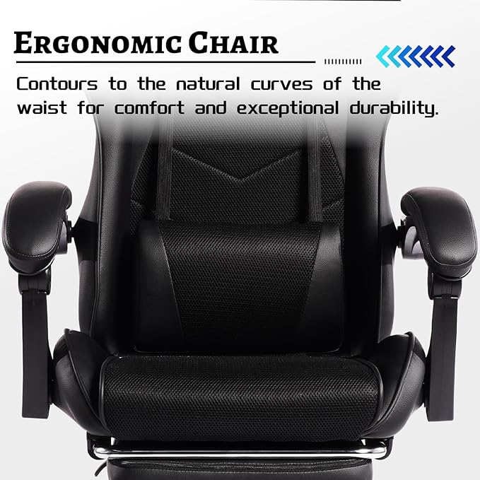 2026 Ergonomic Gaming Chair with Massage Lumbar Support &amp Footrest - Racing Style Office Chair for Esports Work from Home and Relaxation - Adjustable Recliner with Sync-Tilt Armrests (Black)