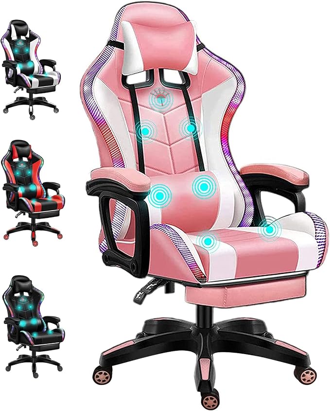 Gaming Chair with Bluetooth Speakers RGB LED Lights &amp Footrest Massage Computer Gaming Chair/Video Game Chair for Adults &amp Teen Enhance Gaming ExperiencePink
