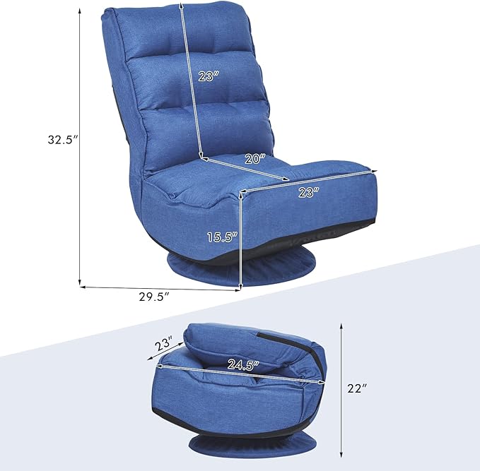 COSTWAY Folding Floor Chair Adjustable 5-Position Video Gaming Chair with 360 Degree Swivel Detachable Cover Padded Backrest Multipurpose Living Room Floor Lounger for TV Reading Playing (Navy)