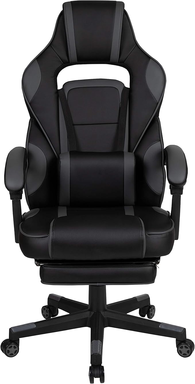 EMMA + OLIVER Black/Gray Ergonomic Gaming Chair -Recline Back/Arms Footrest Massaging Lumbar
