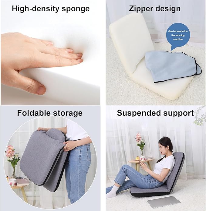 Floor Chair with Back Support Floor Chairs for Adults Folding Floor Gaming Chair Portable Legless Chair 5 Adjustable Position for Balcony Reading Bedroom Study RoomWhite