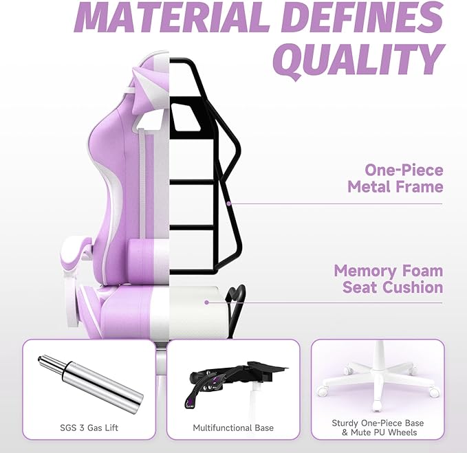 Ferghana Kawaii Light Purple Gaming Chair with Bunny Ears Ergonomic Cute Gamer Chair with Footrest and Massage Racing Reclining Leather Office Computer Game Chair for Girls Adults Teens Kids