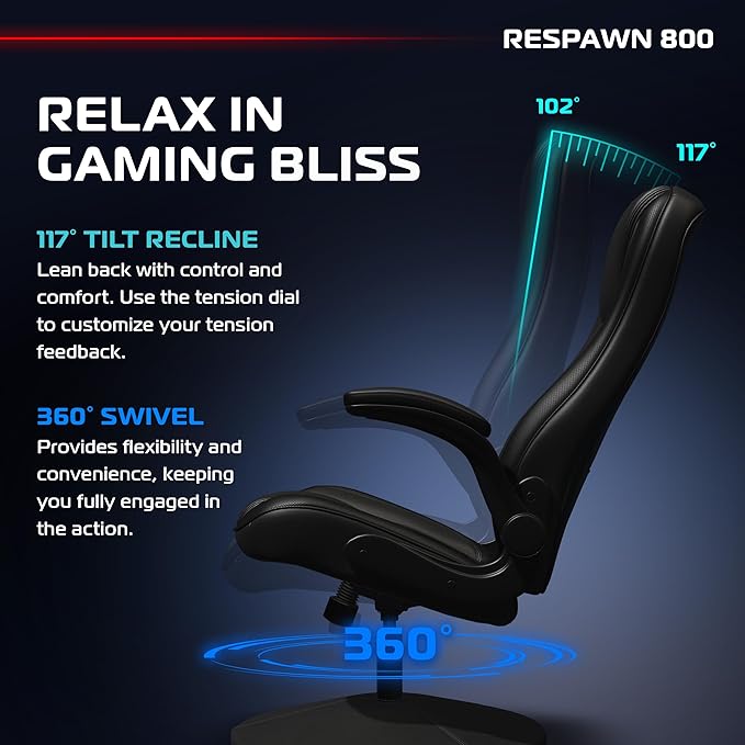 RESPAWN 800 Swivel Rocker Gaming Chair - Ergonomic Floor Gaming Seat with Lumbar Support Flip Up Armrest High Back Pedestal Base Comfortable No Wheels Console Video Game Rocker Chair - Black