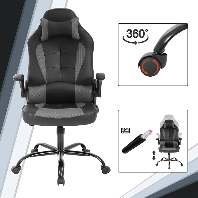 Gaming Desk Chair PC Gaming Chair Gamer Chair Comftorable Ergonomic PU Leather Computer Office Chair with Lumbar Support Flip Up Arms High Back Executive Gaming Stuff for Girl Kids Adults (Grey)
