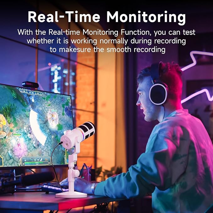 EJoy D10 PRO(D) Wireless USB Gaming Microphone – RGB Dynamic Mic with Wired/Wireless Modes XLR/USB-C Real-Time Monitoring 45H Battery Studio Mic for Gaming Streaming Podcast Recording (White)