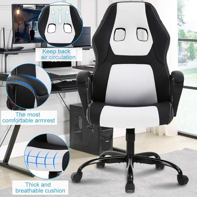 PC Gaming Chair Office Chair Ergonomic Desk Chair Racing Chair with Lumbar Support &amp Armrest PU Leather High Back Computer Chair Adjustable Height Swivel Executive Chairfor Adults HomeWhite