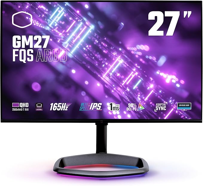 Cooler Master GM27-FQSA 27” ARGB 2K IPS 165Hz QHD 2560 x 1440 PC Monitor 1ms (MPRT) HDR10 FreeSync Premium DP*1 HDMI 2.0 * 2 USB B*1 USB A*2 USB C*1 VESA Mount (CMI-GM27-FQSA-US)