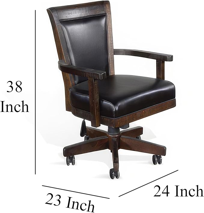 Benzara Flint Rolling Swivel Game Chair- Black Faux Leather- Dark Brown Wood