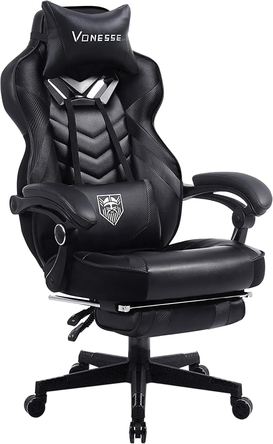 Vonesse Gaming Chair Big and Tall Office Chair with Footrest and Massage Gaming Chairs for Adults with Lumbar Support Ergonomic High Back Computer Desk Chair with Pocket Spring Cushion (Black)