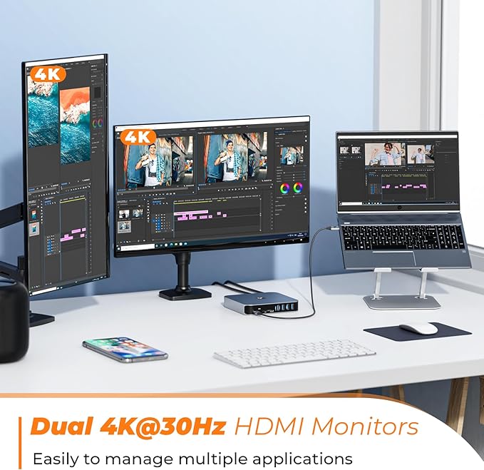 USB C Docking Station 3 Monitors Driver-Based 13-in-1 Dual 4K Laptop Dock with 2 HDMI VGA 4 USB 3.0 65W Power Adapter Ethernet for M5/M4/M3/M2/M1 MacBook Pro/Air Mac mini Dell Lenovo HP