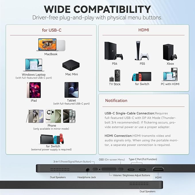 Intehill 14 Portable Monitor WUXGA 1920x1200 Portable Screen with Full-Covered Tempered Glass 16:10 USB-C HDMI External Display with Speakers &amp Stand Travel Monitor Second Screen for Laptop F
