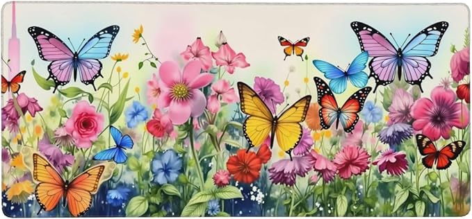 Butterfly Floral Garden Mouse PadDesk MatLarge Waterproof Non-Slip Rubber Mousepad with Stitched Edges Office Home Computer Desk Accessories35.4X15.7