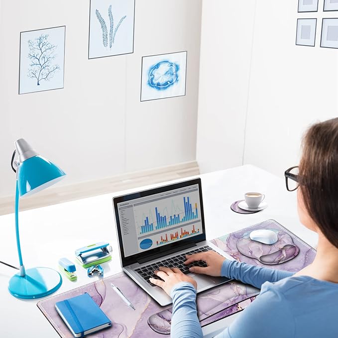 ARTSO Large Mouse Pad Ergonomic Keyboard Wrist Rest Support Set Memory Foam Gel Wrist Pad Extended Desk Mat Protector Non-Slip Desk Blotter Purple Blue Marble