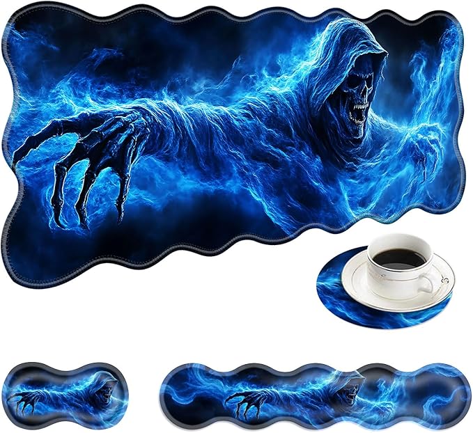 Large Mouse Pad and Keyboard Wrist Rest Desk Pad for Keyboard and Mouse 4-in-1 Large Gaming Mouse Pad with Wrist Support Desk Mat for Home Office Study Game-Smoke Skull