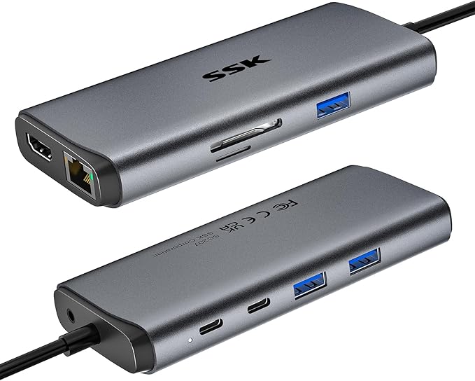 SSK USB C Hub for Laptop 10Gbps USB-C Dock with Ethernet HDMI 4K 60Hz 10 in 1 MacBook Docking Station Multiport Adapter for Laptops/Devices with HDMI USB3.2 SD/TF 100W PD 3.5 mm Headphone