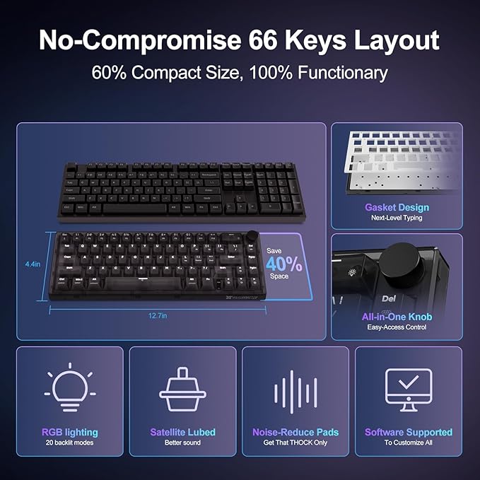 X83 Wired Gaming Keyboard with Volume Knob60 Percent Mechanical Keyboard Gasket Mount RGB Backlit with SoftwareMini Keyboards with 66 Keys Hot Swappable Red SwitchTranslucent Black