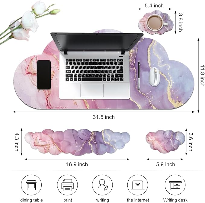 JIKIOU Large Cloud Mouse Pad Waterproof with Cloud Keyboard Wrist Pad and Cloud Mouse Wrist Pad Set Ergonomic Computer Desk Wrist Support Mousepad for Keyboard and Mouse 35.4x15.7in Marble Pink