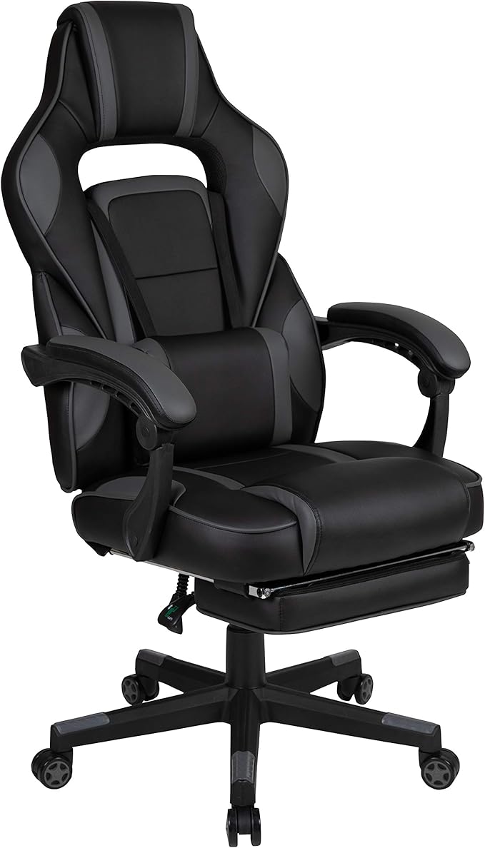 EMMA + OLIVER Black/Gray Ergonomic Gaming Chair -Recline Back/Arms Footrest Massaging Lumbar