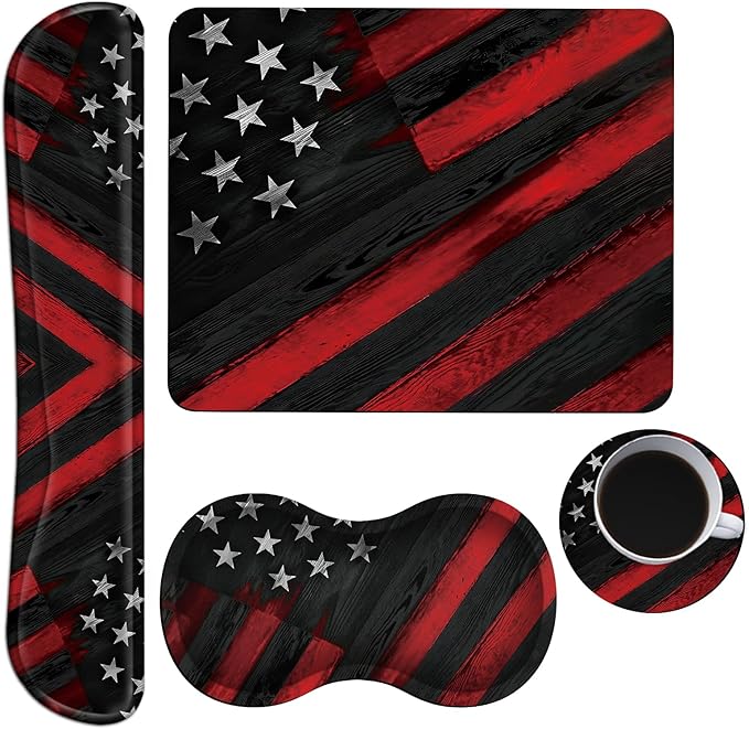 Keyboard Wrist Rest + Mouse Pad + Mouse Wrist Rest Support Set + Coaster Ergonomic Memory Foam Mouse and Keyboard Pad Set for Laptop Computer Office Home Working Gaming Wood Grain Flag