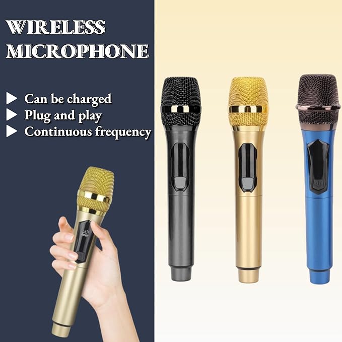 Cuifati Cordless Microphone Dual Digital DynamicMicrophone with Receiver 50m Range 3.5mm AdapterMicrophone with Smart LED Display for Singing Karaoke Meeting Wedding (Gold)