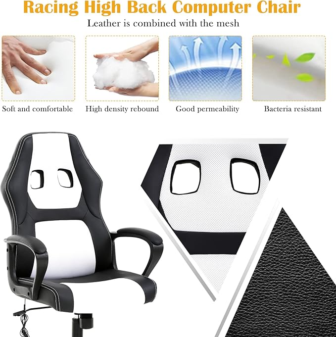 Gaming Chair Ergonomic Office Chair High Back Racing Desk Chair with Lumbar Support Armrest Adjustable Massage Reclining Computer Chair PU Leather Executive Task Rolling Swivel Chair for Adults